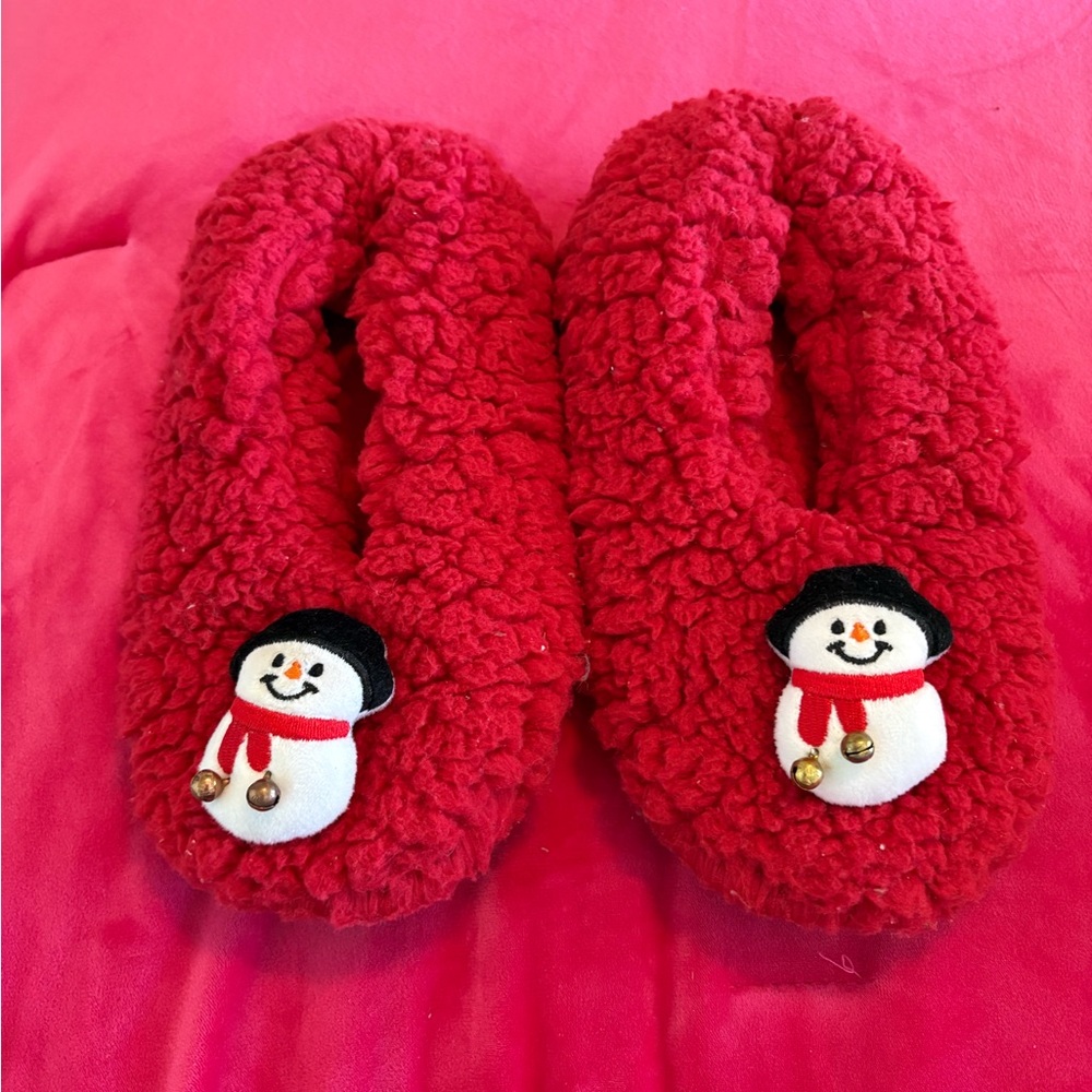 Red Fuzzy Slippers with Snowman Design
